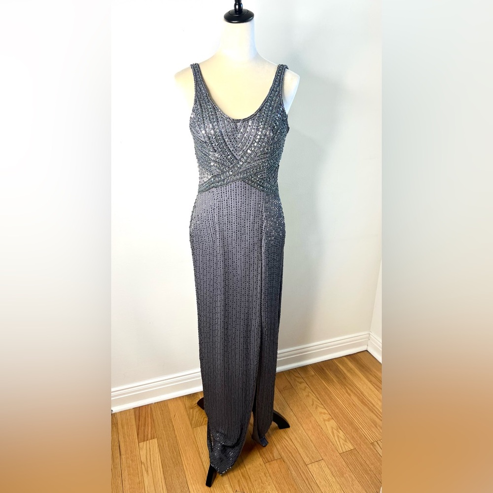 Alyce Design Silk Beaded Gown Gray Sleeveless Leg Slit Bodycon   SZ 6 EUC